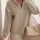 Saodimallsu Womens Quarter Zip Pullover Sweaters Casual Collared V Neck Color Block Long Sleeve Loose Knit Fall Sweater (Small, Khaki)