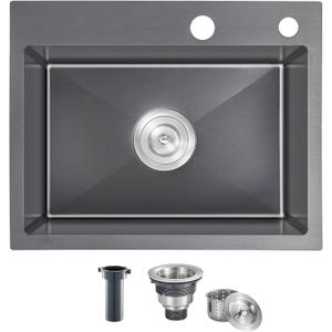 22x18 Inch Drop in Kitchen Sink, Handmade 304 Black Stainless Steel Sink, 9" Deep Single Bowl, Topmount with 2 Holes, R10 Tight Corner, for Modern Kitchen/RV/Bar Sink