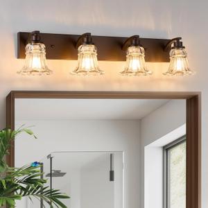 Vintage 4-Light Bathroom Vanity Light, Oil Rubbed Bronze Bathroom Light Fixtures with Floral Clear Glass Shades, Antique Wall Sconce Fixtures for Dressing Table, Bedroom