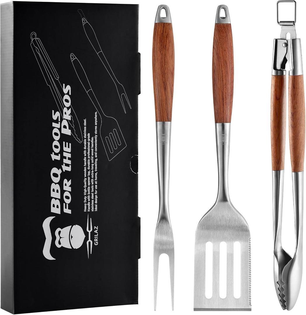 Heavy-Duty Rose Wooden BBQ Grilling Tools Set. Extra Thick Stainless Steel Multi-Function Spatula, Fork & Tongs | Essential Accessories for Barbecue & Grill. Ideal Gift for Father