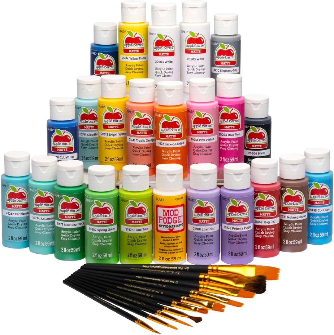 Apple Barrel Art Lessons Paint and Brush Set, 34 pc Kit Including 23 2 fl oz Apple Barrel Acrylic Paint Colors, 1 2 fl oz bottle of Mod Podge Matte, 10 FolkArt Brushes, 6 Video Lessons And More