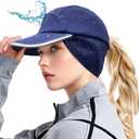 Winter Hat with Ponytail Hole for Women, Pony Tail Hat Waterproof Cap, Stylish Ponytail Winter Hats, Warm, Modern for Outdoor (Medium-Large, Navy Blue)