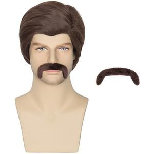 Miss U Hair Men Short Brown Wig with Mustache 70s 80s Costume Party Wig