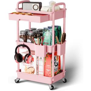 Sorgion 3 Tier Rolling Cart Organizer,Laundry Room Bathroom Organizers and Storage Office Shelves Mobile Shelving Unit Kitchen Trolley Cart with Wheels for Art,Craft,Diaper,Bedside,Snack(Pink)