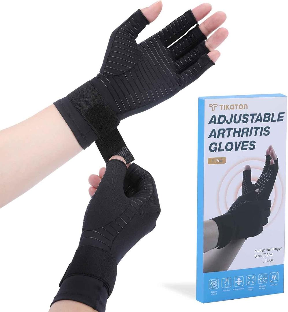 Tikaton Copper Infused Compression Arthritis Gloves with Wrist Strap for Hand Pain,Carpal Tunnel,Tendonitis, Fits Women & Men (Small/Medium)