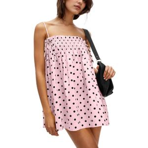Women Polka Dot Sleeveless Square Neck Backless Spaghetti Strap Smocked Flowy Ruched Sexy Mini Cami Dress (Large, Pink)