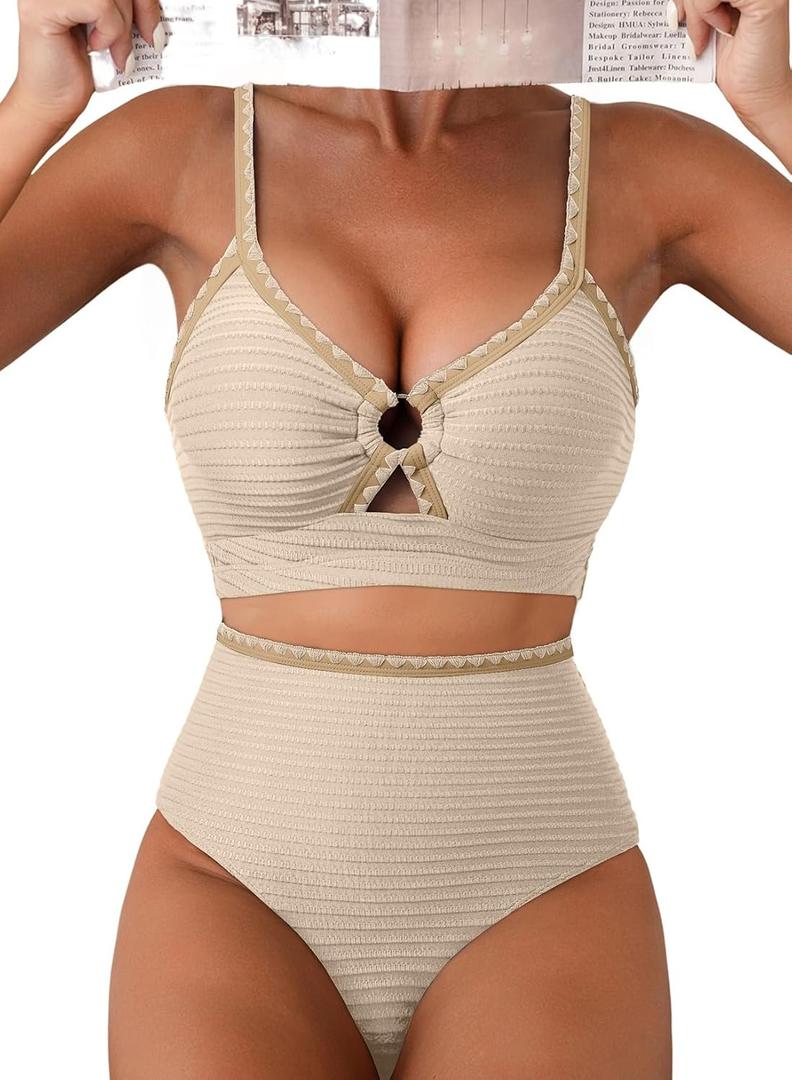 Herseas Women's Textured Bikini Sets O Ring Swimsuits Whip Stitch High Waisted Bathing Suits 2026 Summer Beach Wear (Beige, M)