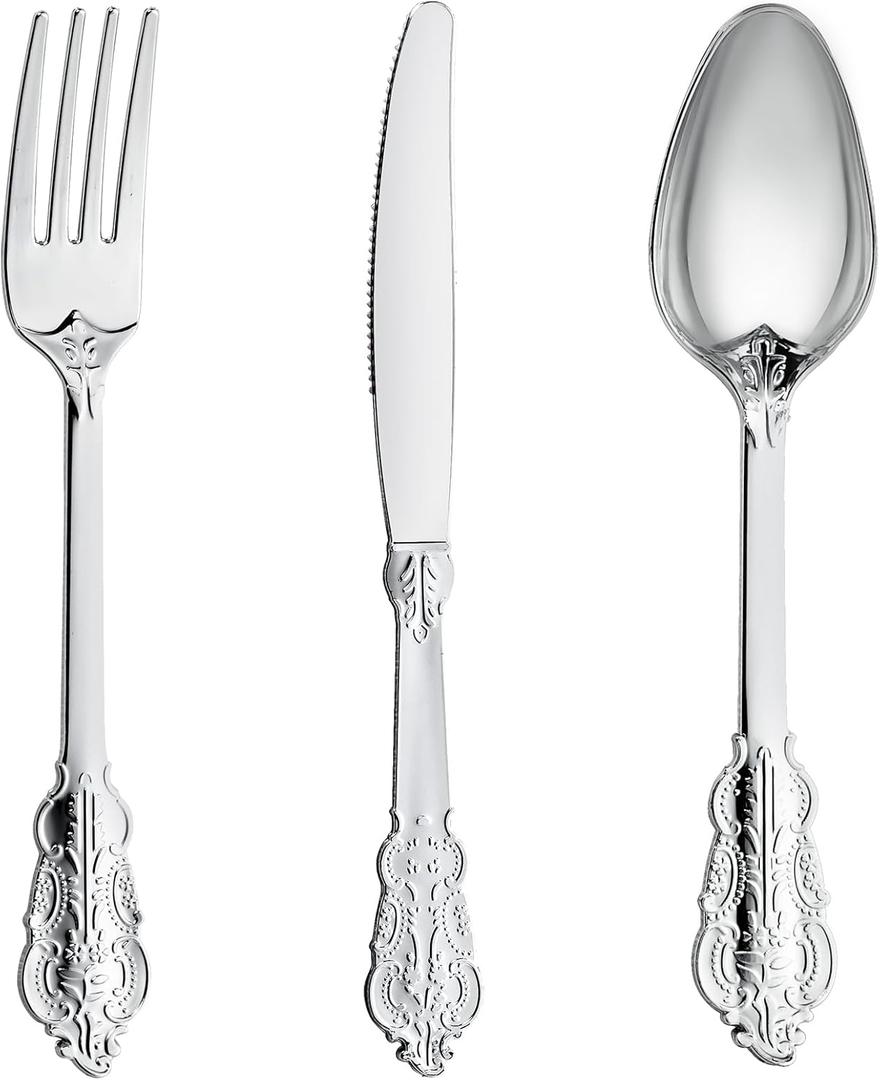 N9R 120PCS Silver Plastic Silverware, Heavy Duty Plastic Cutlery for Parties, Fancy Disposable Flatware Set Includes 40 Forks, 40 Spoons, and 40 Knives, Perfect for Weddings, Dinners, Picnics, Party