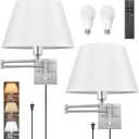 TRLIFE Dimmable Wall Sconce with Remote Control, Adjustable Color Temperature 2700K-6500K and Dimming 10-100% Swing Arm Wall Lights with Plug in Cord, 11.8" Large White Fabric Shade(2 Pack, 2 Bulbs)