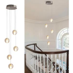 5 Lights Foyer Chandeliers for High Ceilings Raindrop Crystal Ball Chandelier Dimmable LED Entryway Pendant Light Hanging for Dining Room Kitchen Island Hallway, Include Bulbs (Nickel)