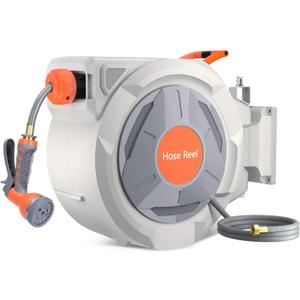 CABIHIOME Retractable Garden Hose Reel 5/8" x 65Ft - Wall Mounted with 9-Function Nozzle, Adjustable Length Lock & 180 Swivel Bracket, Automatic Rewind, Home Yards, Grey-65Ft