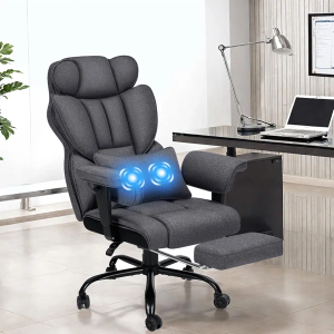Executive Office Chair Big and Tall with Massage Lumbar Support 450lbs Reclining Office Chair with Footrest Heavy Duty Desk Chair High Back Ergonomic Fabric Chair for Heavy People Dark Gray