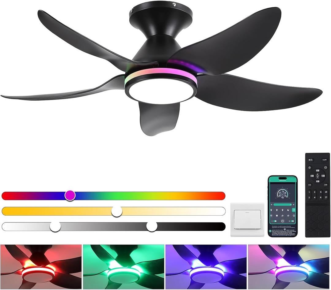 Ceiling Fans with Lights Remote/APP Control, 36" Low Profile Ceiling Fans with Dimmable White Colors+ RGB Ring Lights, 6 Speeds 3 Reversible Blades for Kids Room Bedroom Living Room, Black