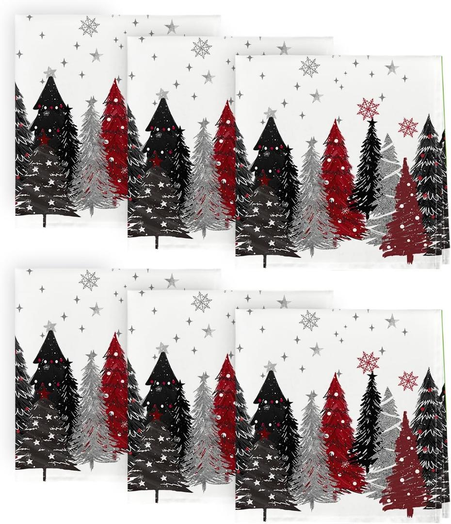 Horaldaily Christmas Cloth Napkins 18 x 18 Inch, White Christmas Pine Tree Stars Red Party Dinner Decoration Washable Napkins Set of 6