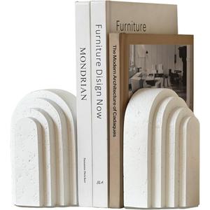 Decorative Bookends for Shelves, Set of 2 Book Ends for Heavy Books, Layered Arch Design White Bookend