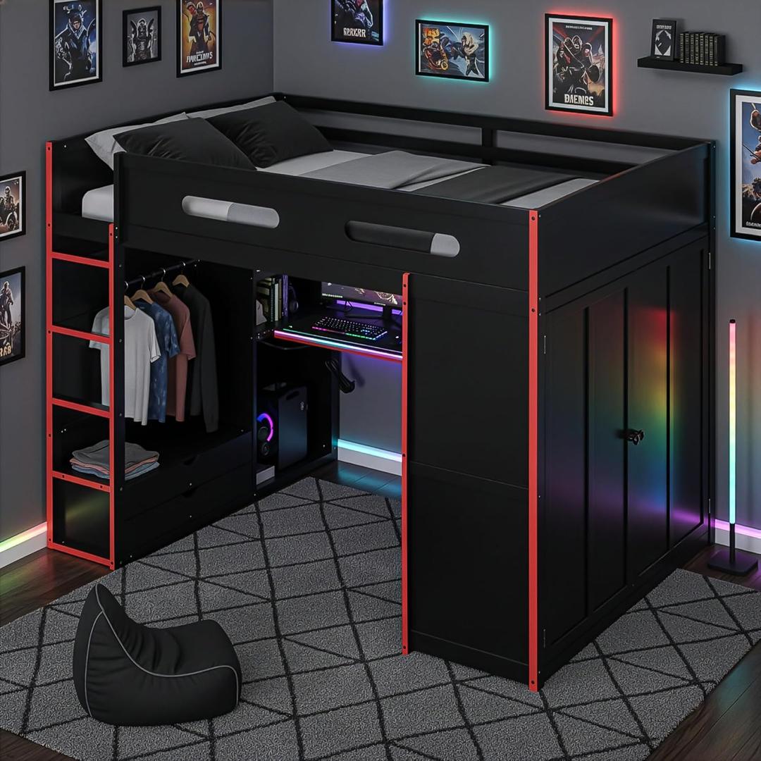 Merax Wood Full Size Gaming Loft Bed with Desk, Wardrobe, Ample Storage Space, and RGB LED Light for Bedroom, Red