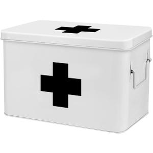 Flexzion First Aid Box Organizer Empty 13" White Vintage First Aid Kit Tin Metal Medical Box - First Aid Storage Box Container Bins with Dividers, Removable Tray and Black Cross Logo