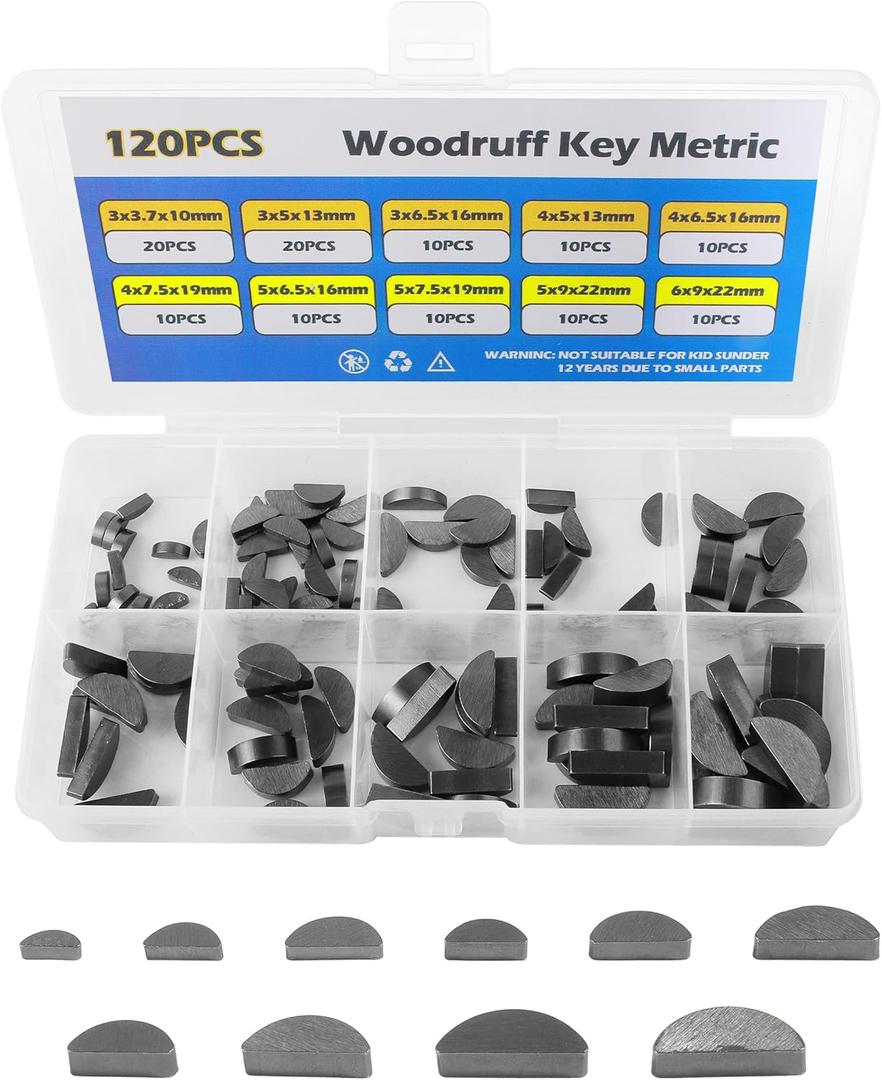 SCUARI Woodruff Key Assortment,120pcs Half Moon Keys,Key Stock Assortment,10 Popular Sizes Woodruff Semicircle Keys,Half Moon Semicircle Bond Key Hardware Keyway Set for Flywheel Applications