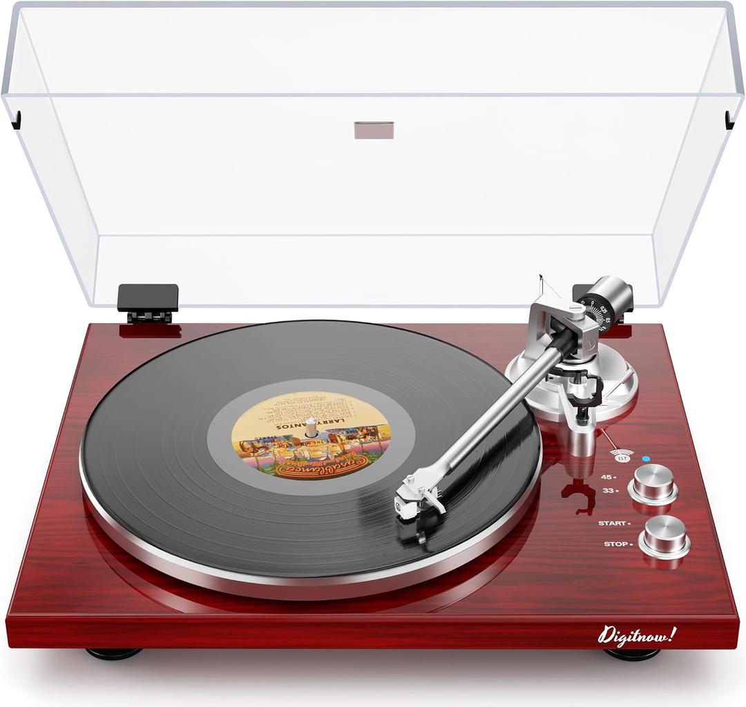 Belt Drive Turntable for Vinyl Record Player,Work with Bluetooth Speakers or Active Speakers,Built-in Phono Preamp,USB Digital Output,Magnetic Cartridge, 33/45 RPM,High-Gloss Wood Design(Red)