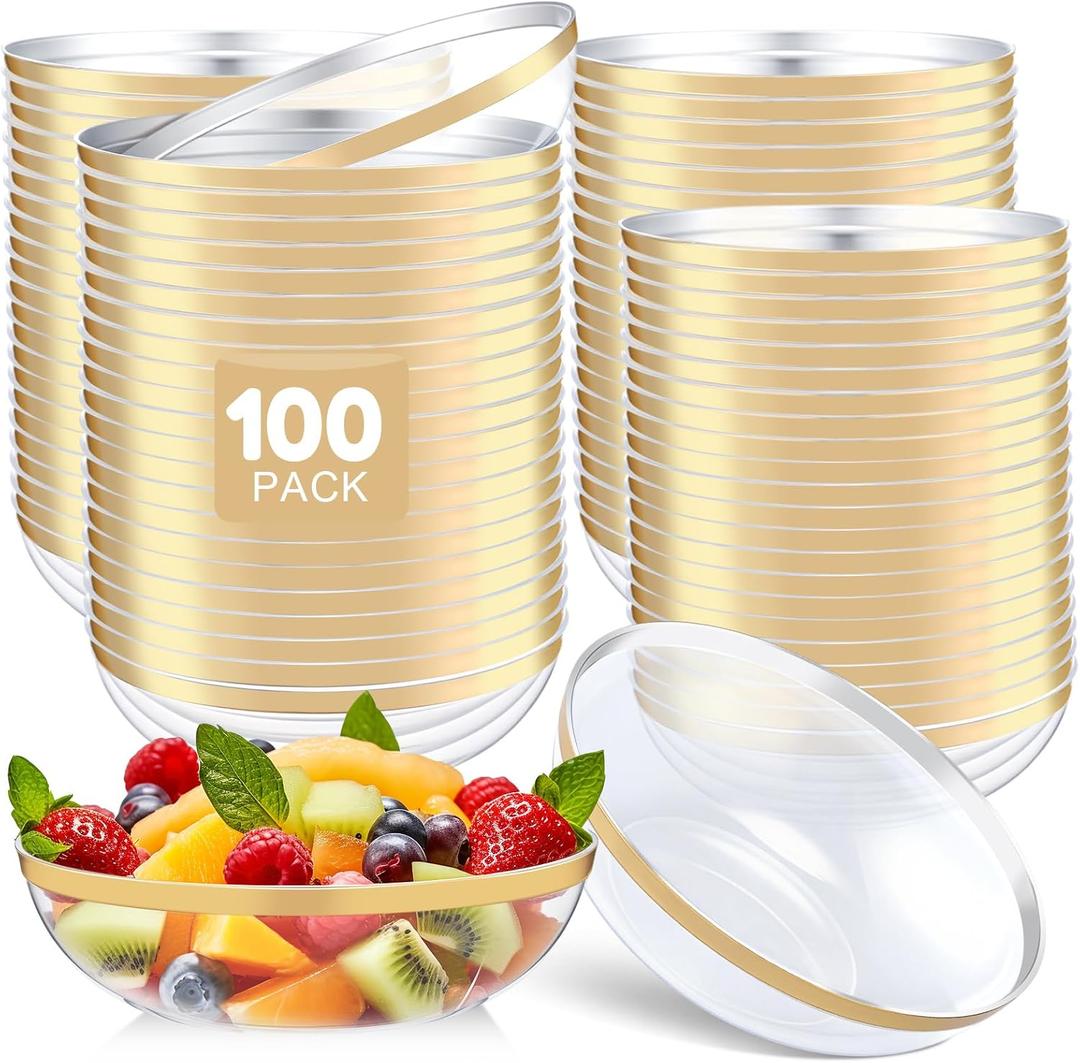 Newtay 100 Pcs 12 oz Disposable Plastic Soup Bowls with Gold Rim Disposable Bowl for Party Dessert Candy Ice Cream Snacks Heavy Duty Elegant Salad Dish for Birthday Wedding Event Use (Clear Gold Edge)