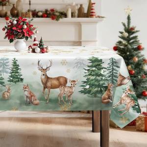 Arquiel Winter Woodland Deers Tablecloth Waterproof, Forest Tree Table Cloth Rectangle, Washable Table Cover for Christmas Party Home Kitchen Decoration(60×120 Inch)