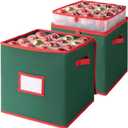 OIAHOMY 2 Pack Ornament Storage Box with Handle, Each Ornament Storage Holds 64 Balls, Christmas Decoration Box Include Plastic Trays and Zip-Lock Lid, Made of 600D Oxford Fabric - Green