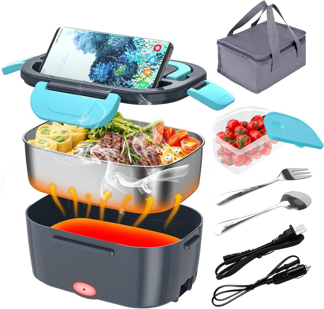 Electric Lunch Box, Food Warmer Heater 12V 24V 110V, 80W Faster Heated Lunch Box for Car/Truck/Home Portable Heating Boxes with 1.5L 304 SS Container Fork & Spoon (Dark gray+Blue)