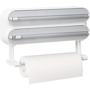 Magnetic Plastic Wrap Dispenser with Cutter - Refillable Aluminum Tin Foil and Plastic Wrap Organizer for Kitchen, Quasziwa Upgraded 3 in 1 Paper Towel Holder Wall Mount - Fits 12" Roll, White