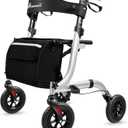 Rollator Walker for Seniors, Lightweight Foldable All Terrain Rolling Walker with seat, Aluminum Walkers with 8 inch Rubber Wheels, Handles and Backrest for Seniors and Adult (Silver)