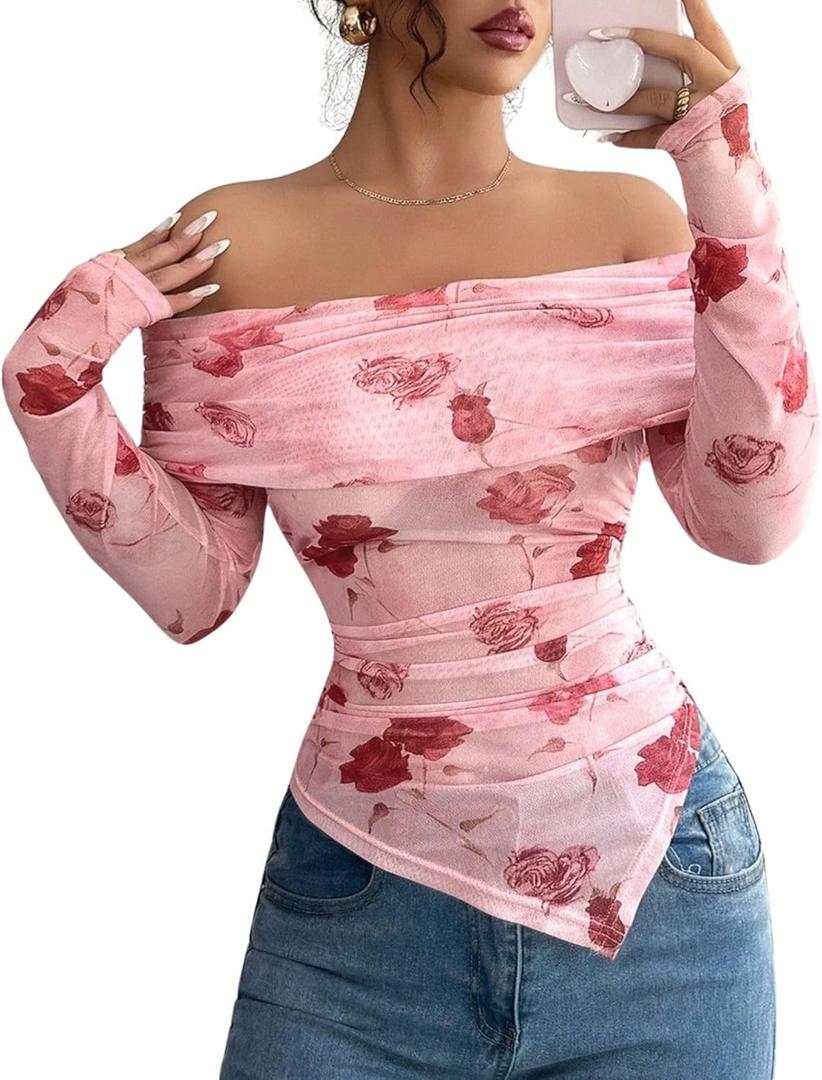 Women Floral Off Shoulder Tops,Mesh Long Sleeve and Ruched Slim Fit Going Out Top (M)