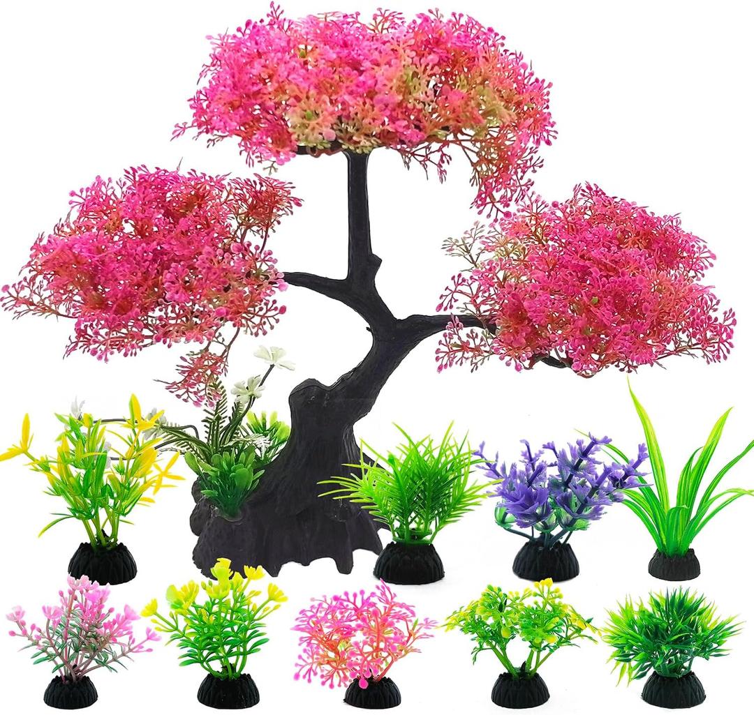 SLOCME Pink Cherry Blossom Tree Aquarium Decor Set  10 Pcs Artificial Plastic Plants for Fish Tanks, Betta & Goldfish Hiding Accessories, Realistic & Safe Aquarium Decorations (Pink)