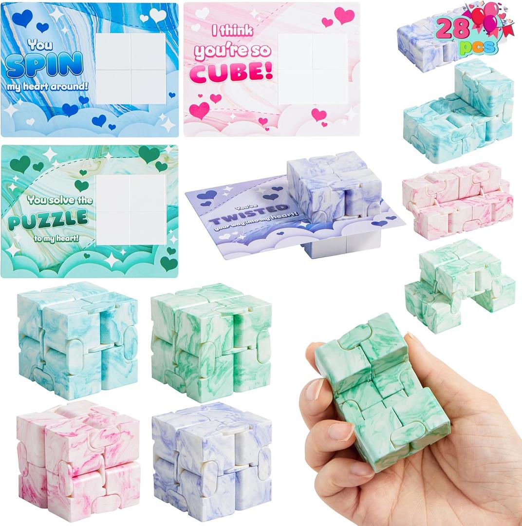 JOYIN 28 PCS Valentine's Day Gift Cards with Infinity Magic Toys, Relaxing Hand-Held Fidget Toys for Kids, Valentine Party Favors Classroom Exchange and Goodie Bag Stuffers