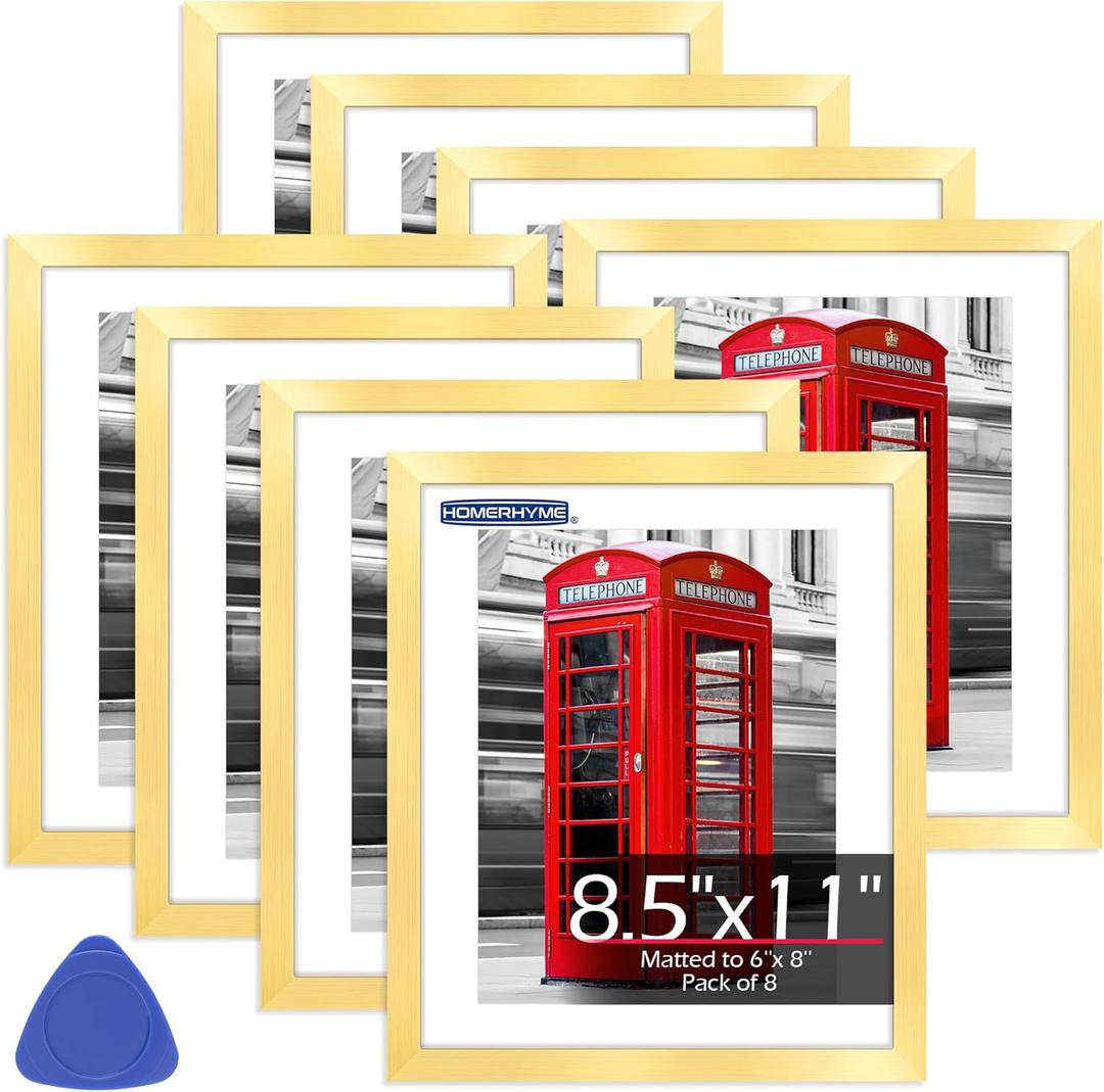 8.5x11 Picture Frame Set of 8, Gold Photo Frames for Gallery Wall Mounting, Display Pictures 6x8 with Mat or 8.5 by 11 Without, Certificate Frame with Plexiglass for Home Office Wall Decor
