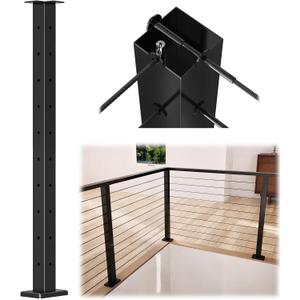 Muzata Black Corner Cable Railing Post 36 Inch 36"x2"x2" T-drilled One-Post Corner Solution Surface Mount Stainless Steel Cable Railing System Kit Indoor Outdoor with Paper User Guide PS02 B34S