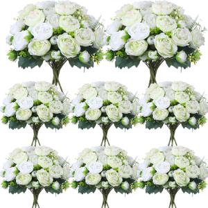 Geosar 8 Bundles Artificial Peonies Flowers Fake Silk Peony Bouquet Faux Peonies Flowers Bulk for Decoration Vase Floral Arrangements Wedding Party Table (White,Green)