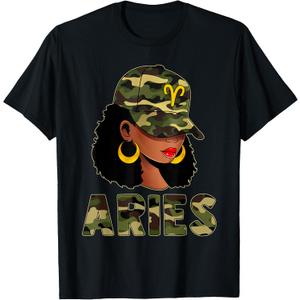 Aries Queen Camouflage Black Woman Cap Zodiac Sign T-Shirt, L