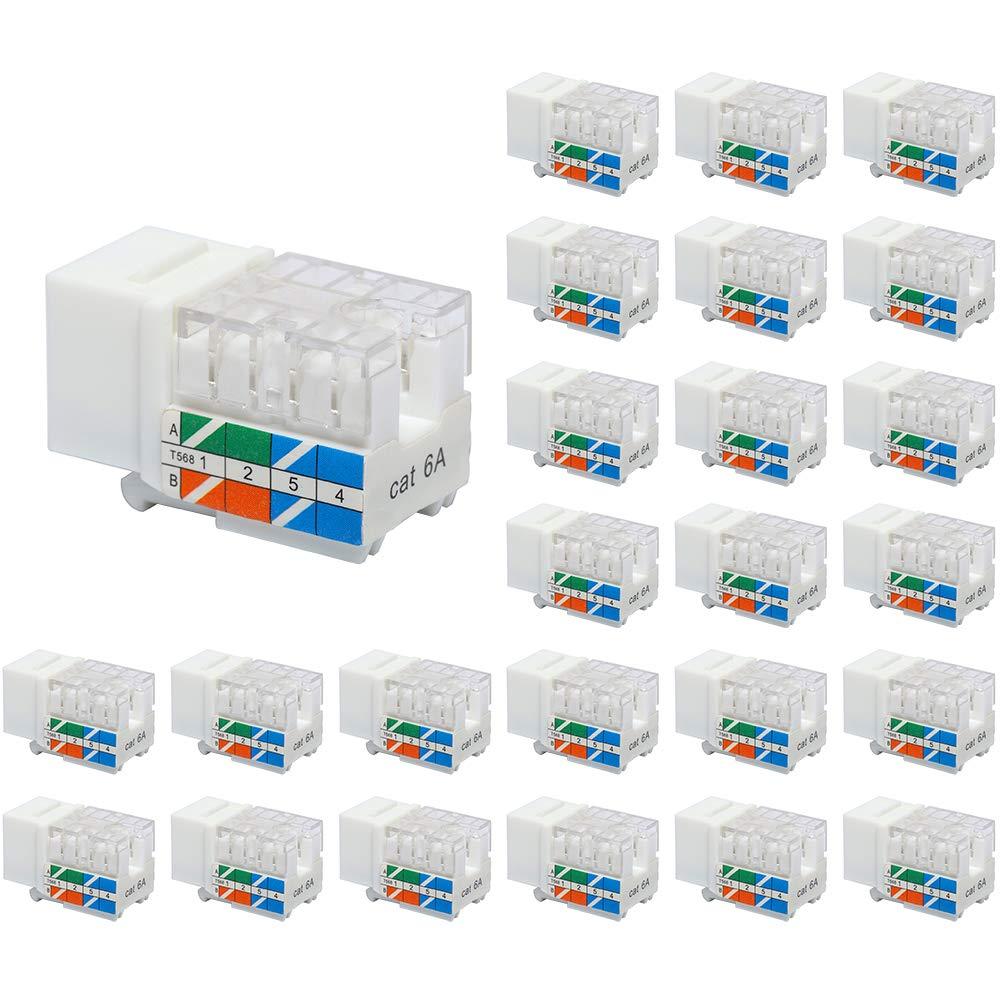 VCE RJ45 Cat6A Keystone Jack UL Listed 25-Pack, 10 Gbps Slim Profile Modular Ethernet Jacks Insert 110-Type UTP 90-Degree, White