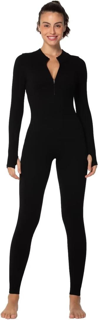 Sunzel Long Sleeve Jumpsuits for Women, Ribbed One Piece Casual Yoga Workout Zip Front Bodycon, Legging Fit & Thumbhole (Small, Black)