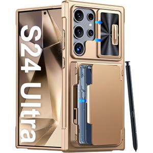 Vizvera for Samsung Galaxy S24 Ultra Case Wallet, RFlD Cards Holder & Camera Cover & Kickstand for Women Men, Full Body Rugged Shockproof Silicone Case for S24 Ultra 6.8" 2024 Only-Champagne Gold