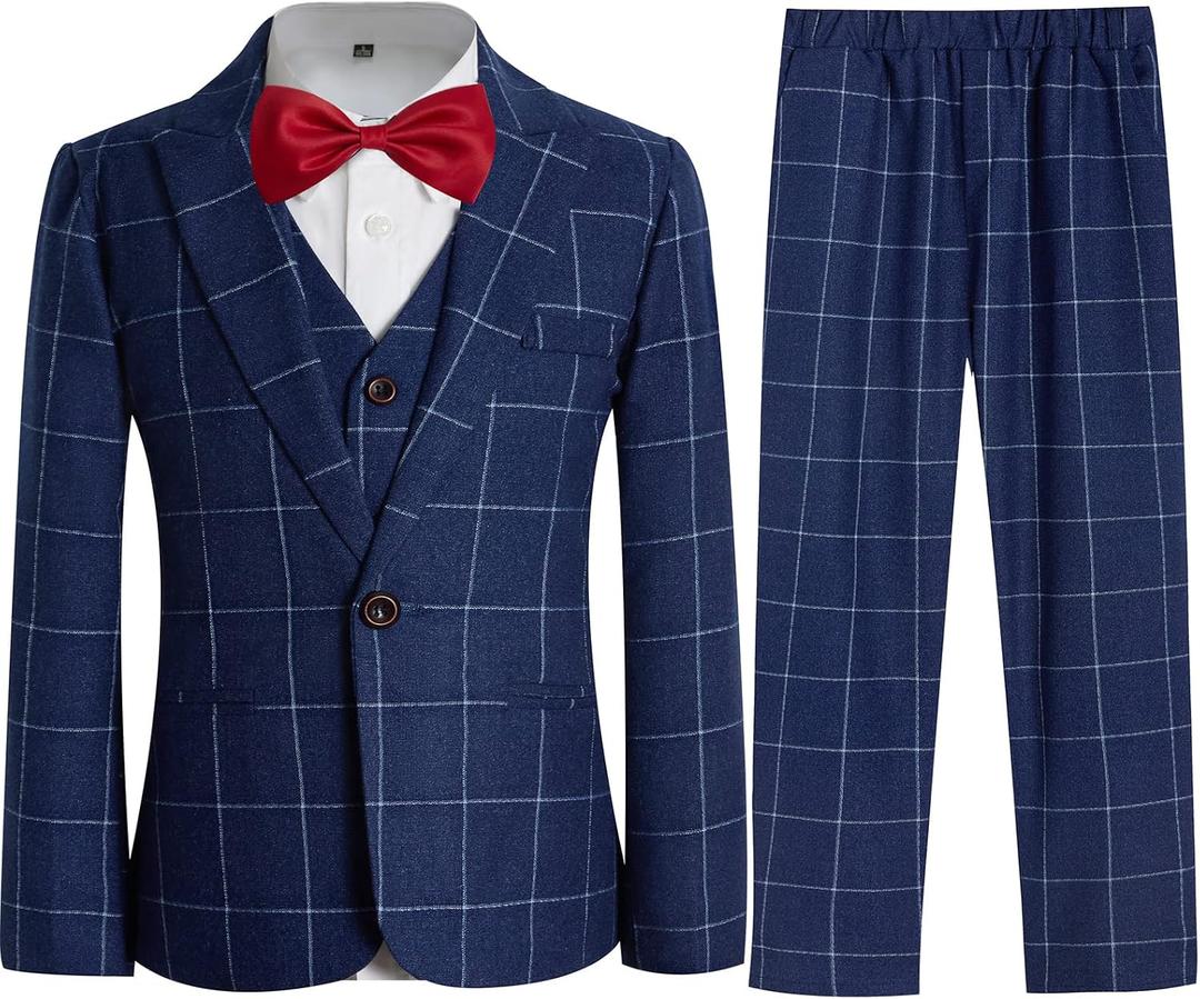 Boys Suit Ring Bearer Outfit 4 Pieces Kids Formal Wedding Suits Set Plaid Striped Blazer Vest Pants Blue (170/14yrs)