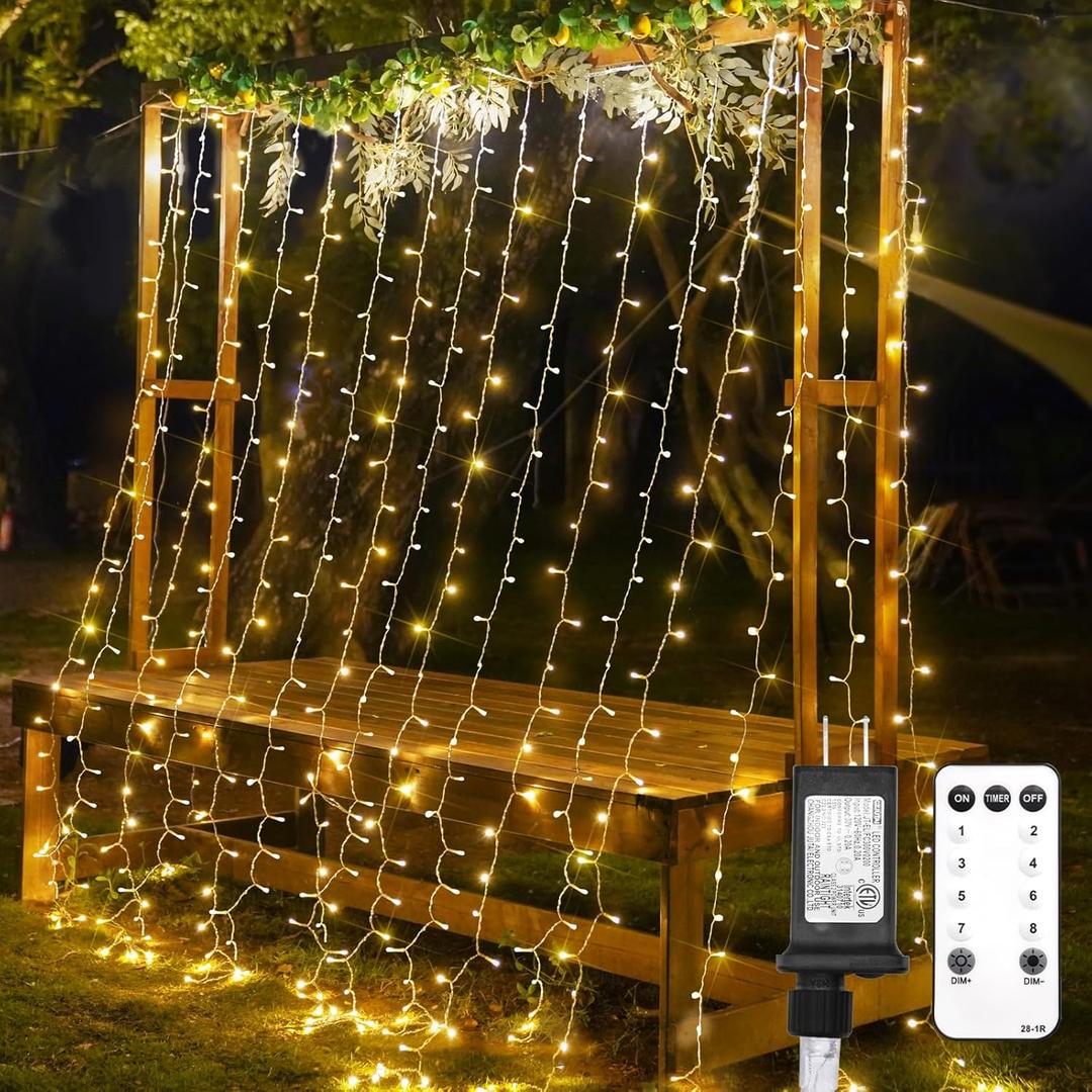 Curtain Lights for Bedroom, 300 Led 9.8x9.8ft Hanging String Lights Outdoor, Fairy Curtain Lights Outdoor for Christmas, Dorm, Wall, Backdrop, Window, Wedding, Party, Birthday Decor, Warm White