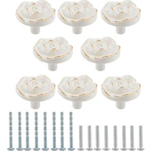 8 Pcs Ivory White Cabinet Pulls Knobs, Vintage Rose Flower Kitchen Drawer Pulls for Door Kitchen Drawer Dresser Wardrobe Cupboard Gold Line