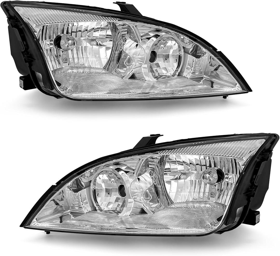 Headlight Assembly for 2005 2006 2007 Ford Focus Clear Lens Chrome Housing with Clear Reflector Headlamp Replacement Left and Right Pair