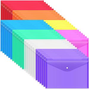 Clear Document Folders Plastic Envelopes Poly Envelopes File Envelopes with Label Pocket and Snap Button for Home Work Office Organization, Letter Size/A4 Size, 6 Colors,40Packs