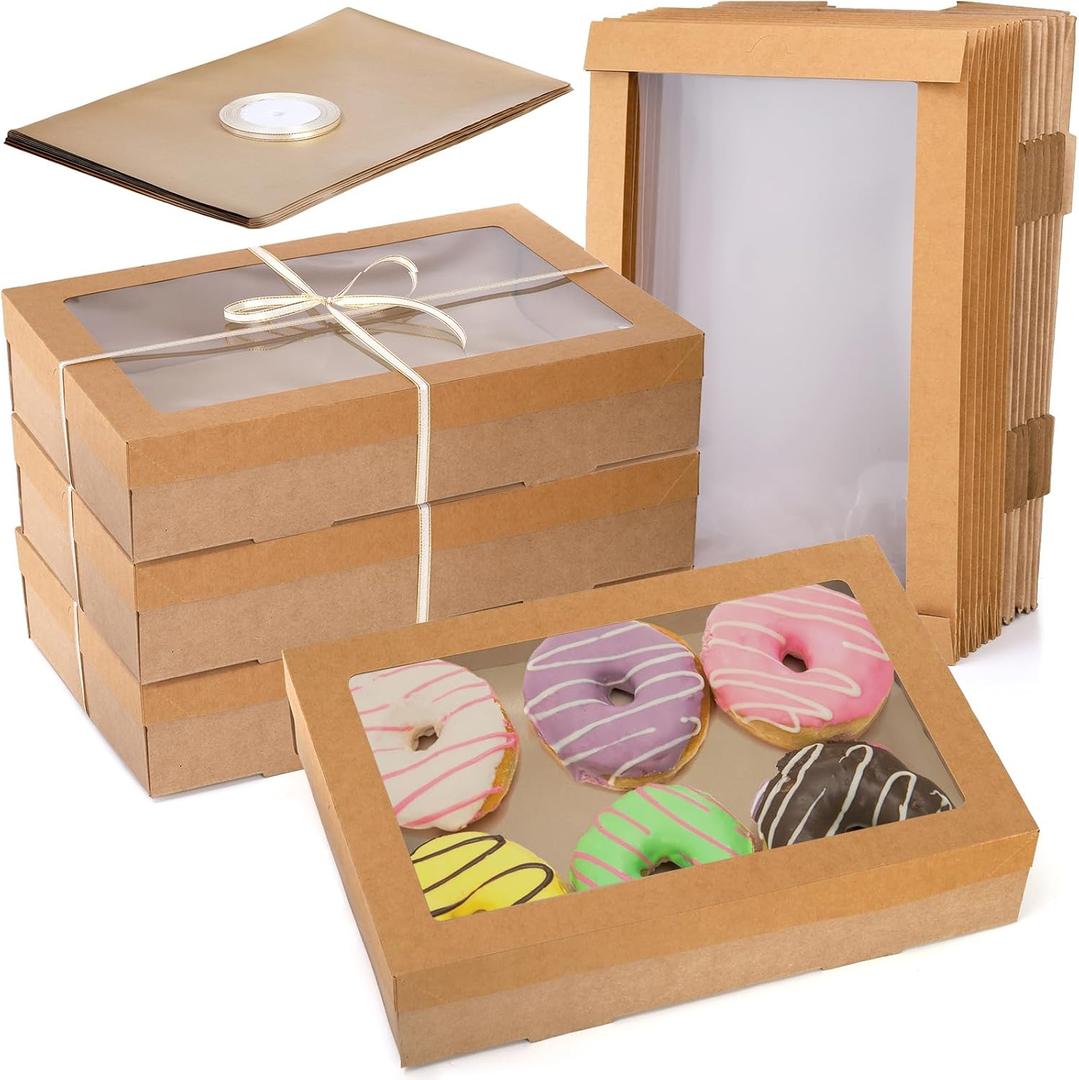 yarlung Set of 10 Kraft Bakery Box with Clear Window Lid, 14"x10"x3" Foldable Brown Paperboard Food Wrapping Tray with Greaseproof Paper for Cookies, Donuts, Pies, Picnic, Gift Packaging Ribbon