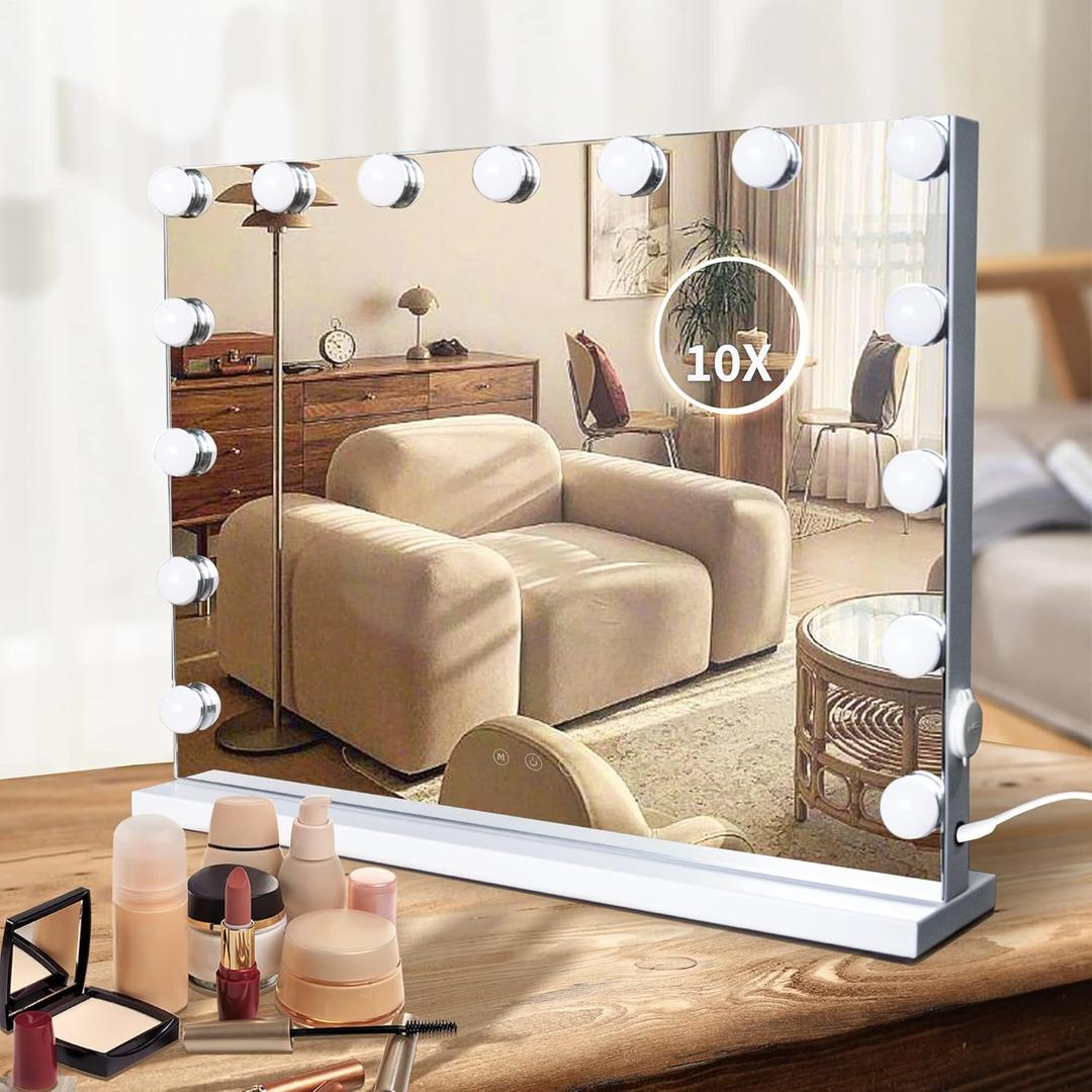 Hollywood Vanity Mirror with Lights, 15 Dimmable LED Bulbs 3 Color Lighted Makeup Mirror with Detachable 10X Magnification Mirror, Tabletop or Wall-Mounted, Touch Control (15 Bulbs-white)