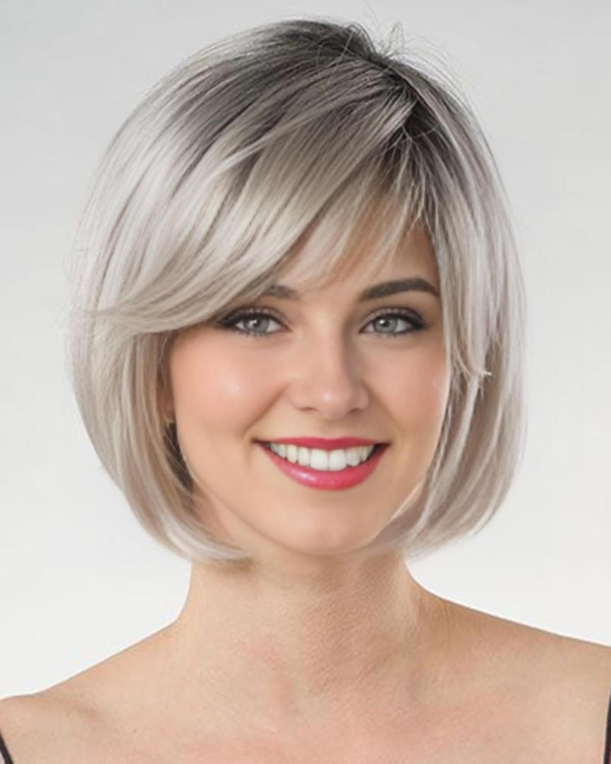 RENERSHOW Grey Bob Short Wigs for White Women Ombre Gray Bob Wig with Bangs Straight Bob Haircuts Heat Synthetic Wigs for Old Lady
