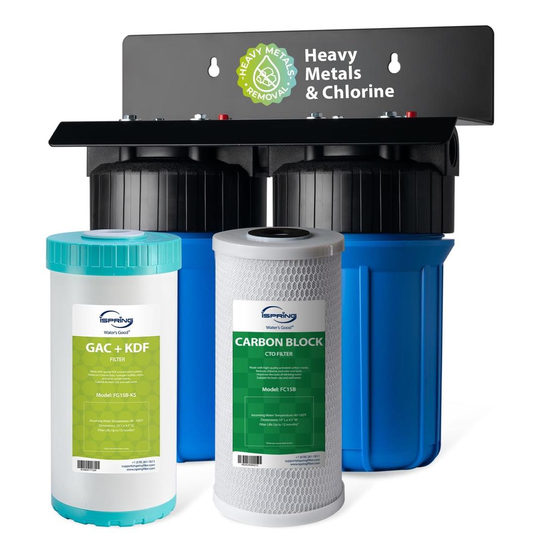 iSpring WGB21B-KS 2-Stage Whole House Water Filtration System with 10" x 4.5" Sediment CTO(Chlorine, Taste and Odor) Filter,KDF+GAC filter, Removes Chlorine, Iron, Lead, Odor and More, 1" Inlet/Outlet