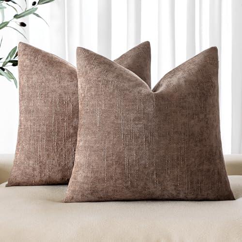 MIULEE Pack of 2 Decorative Throw Pillow Covers Soft Chenille Throw Pillows Solid Textured Cushion Covers for Couch Sofa Bedroom Living Room 20x20 Inch, Chocolate