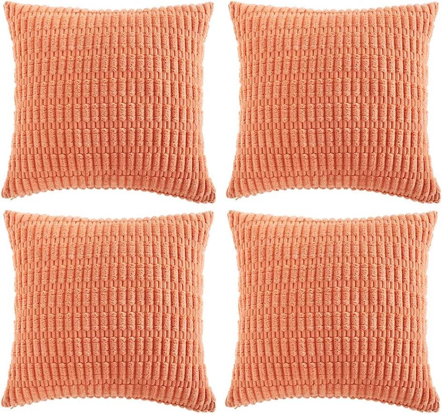 Fancy Homi 4 Packs Boho Coral Decorative Throw Pillow Covers 14x14 Inch for Living Room Couch Bed Sofa, Rustic Modern Farmhouse Home Decor, Soft Plush Corduroy Peach Cute Square Cushion Case 35x35 cm